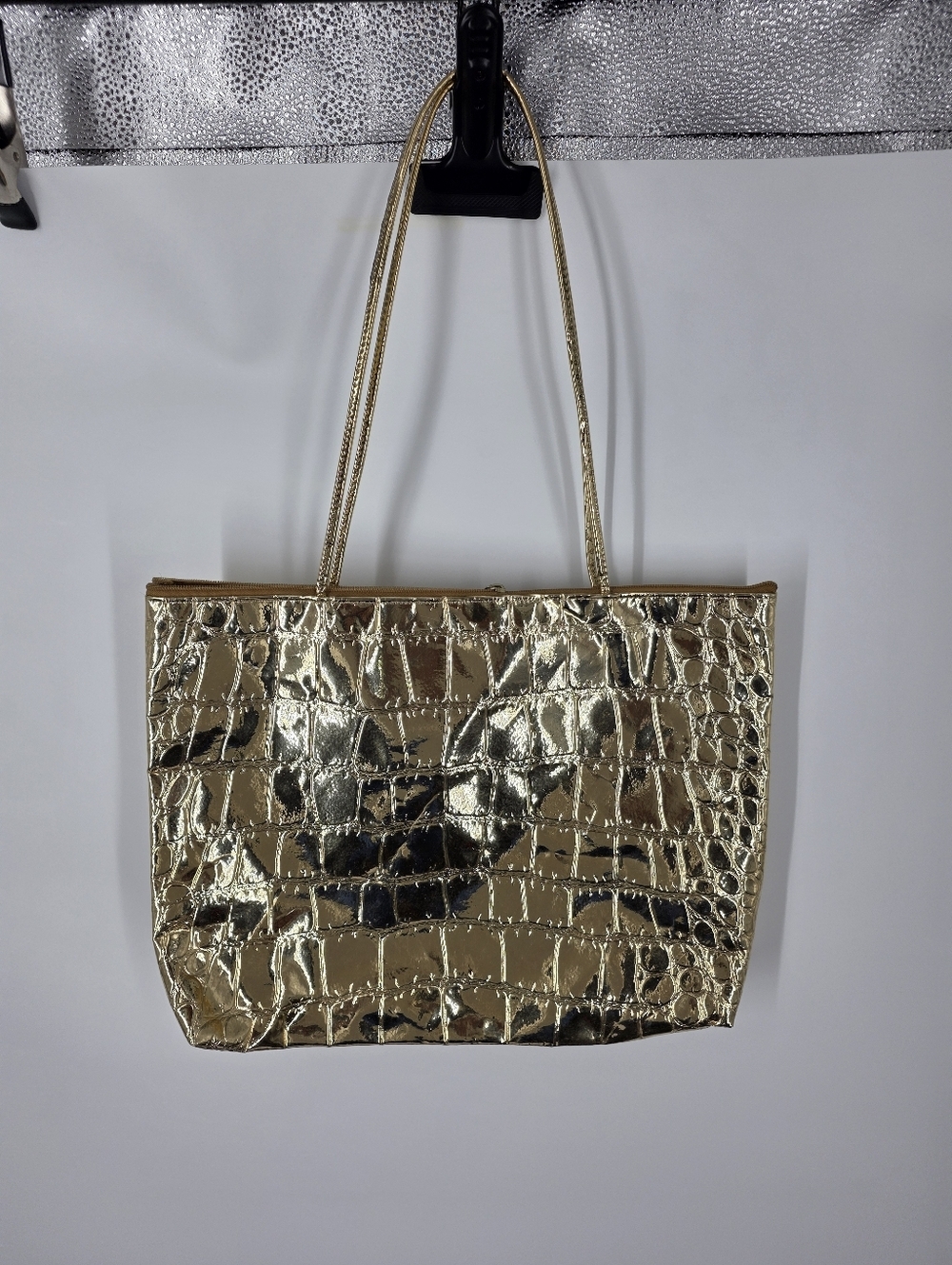 Dove Gold Metallic Tote Bag Croc Embossed Large Y2K Shoulder Purse Zipper Top